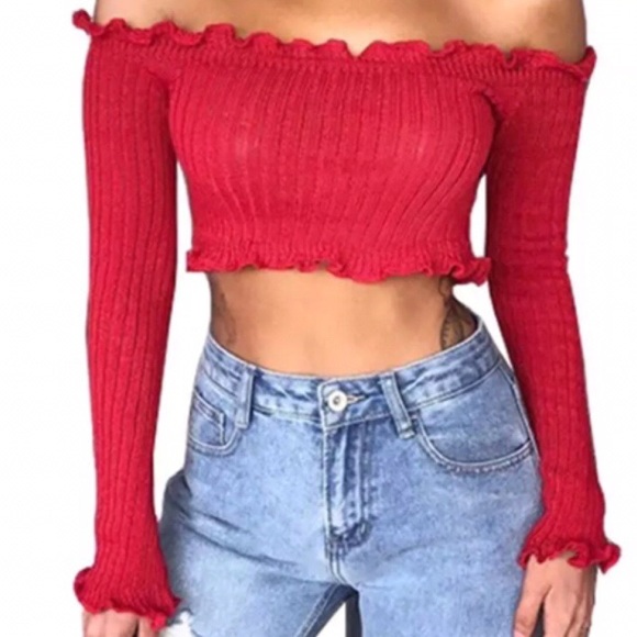 OFF SHOULDER RUFFLE LONG SLEEVE CROP TOP SIZE M - Picture 2 of 8